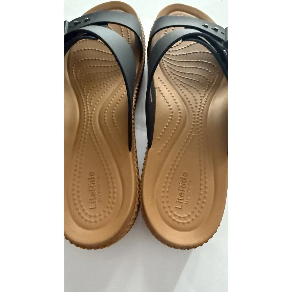 Crocs Women's Brooklyn Buckle Low Wedge Heels In A Size 10 EUC BLACK sandals